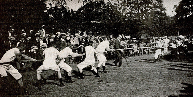 Sport. Tug-of-War. 1900 Olympic Games. Paris, France. The Tug-of-War was a controversial affair, it is widely thought that the two teams contesting in the picture, a combined Sweden/Denmark team beat France,(Racing Club de France) into 2nd place.